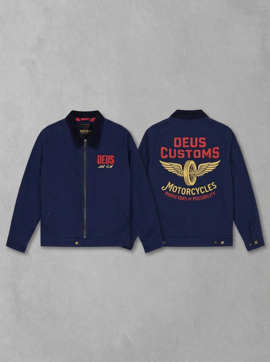 Deus Cutaway veste de travail navy, à-plat, face (logo DEUS L.A.) et dos (imprimé Deus Customs Motorcycles)