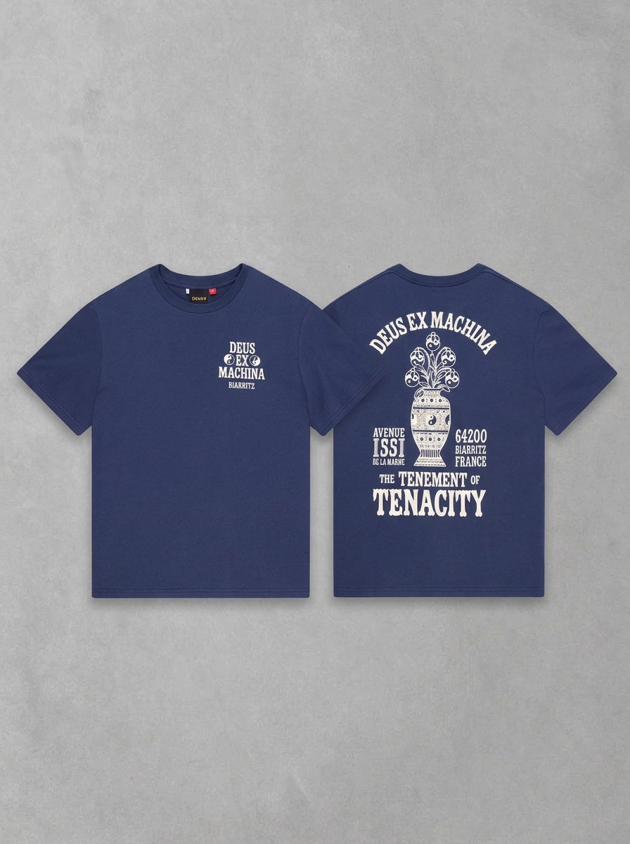 Deus Biarritz Ceramic Tee, à plat face + dos, Mechanic Blue