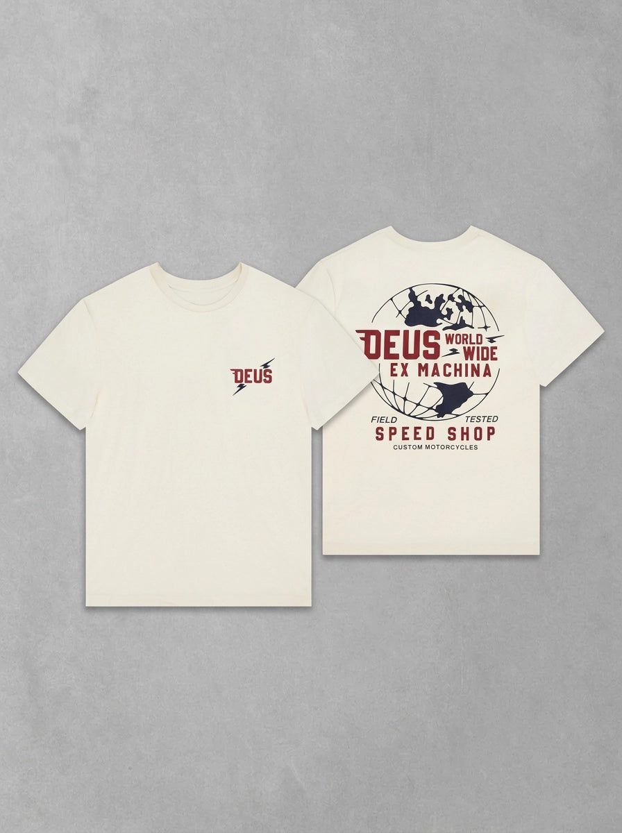 Deus Global Spark Tee, à plat face + dos, Vintage White