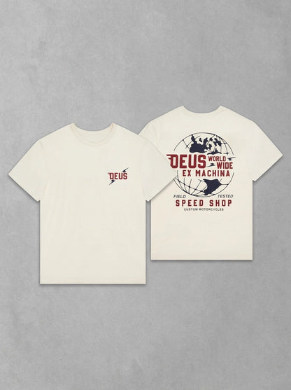 Deus Global Spark Tee, à plat face + dos, Vintage White
