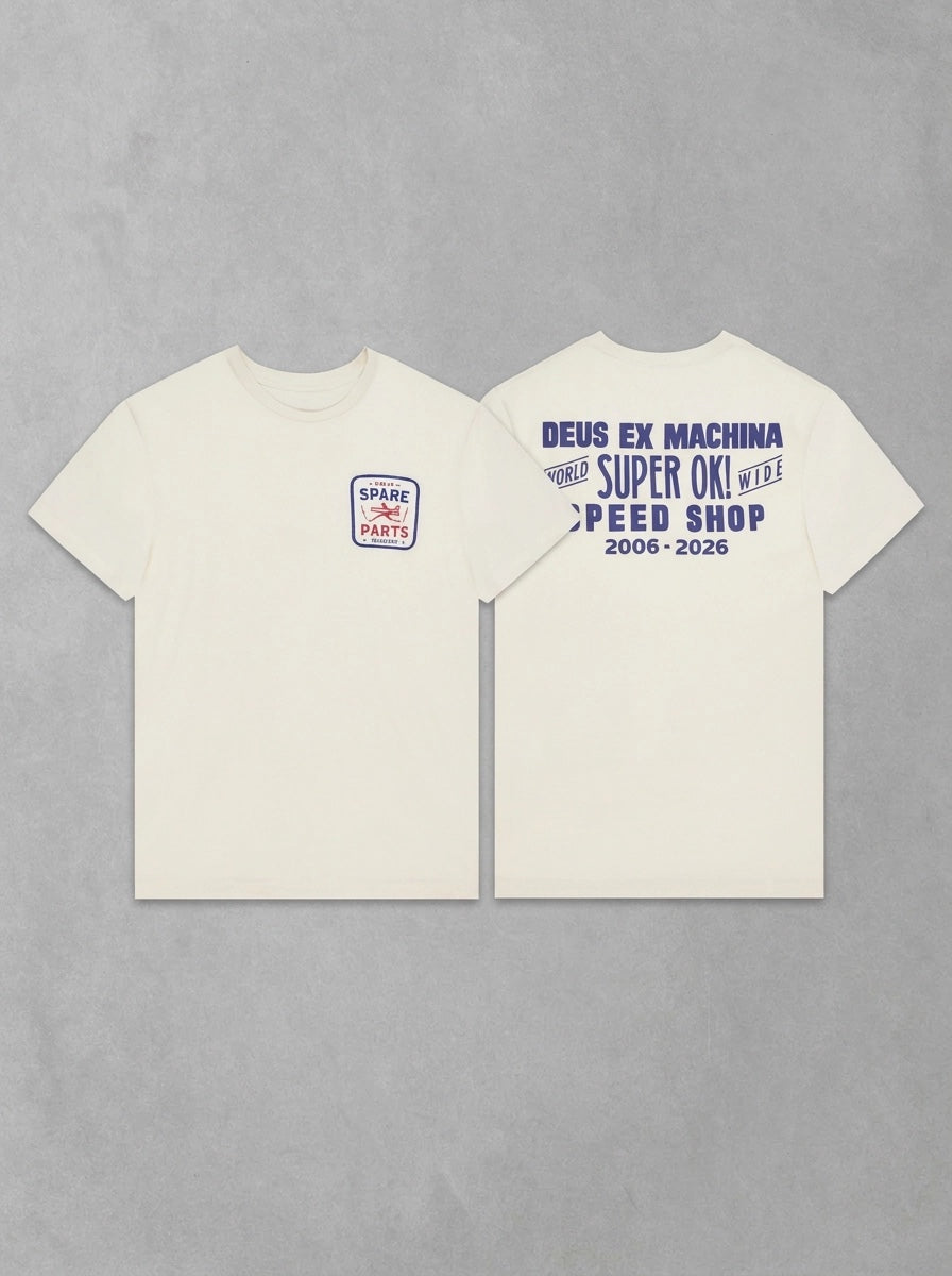 Deus Mudflap Tee, à plat face + dos, Vintage White