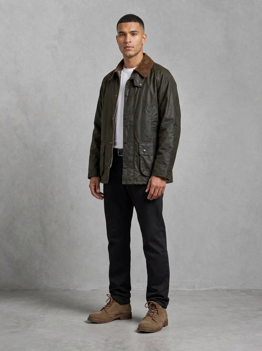 Barbour Festive Ashby Wax Jacket portée, Sage/Evergreen