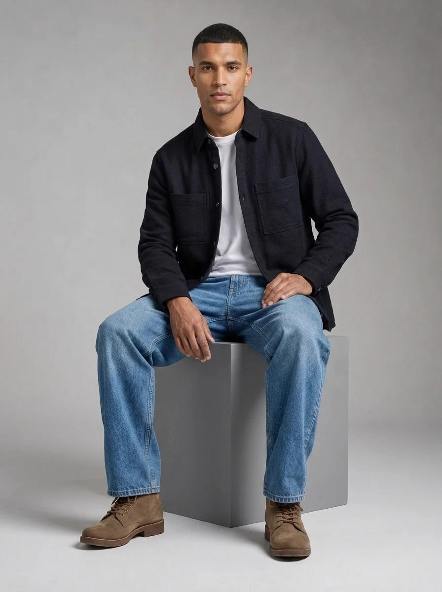 Barbour Marltown Tailored Wool Overshirt porté dos, Navy Marl