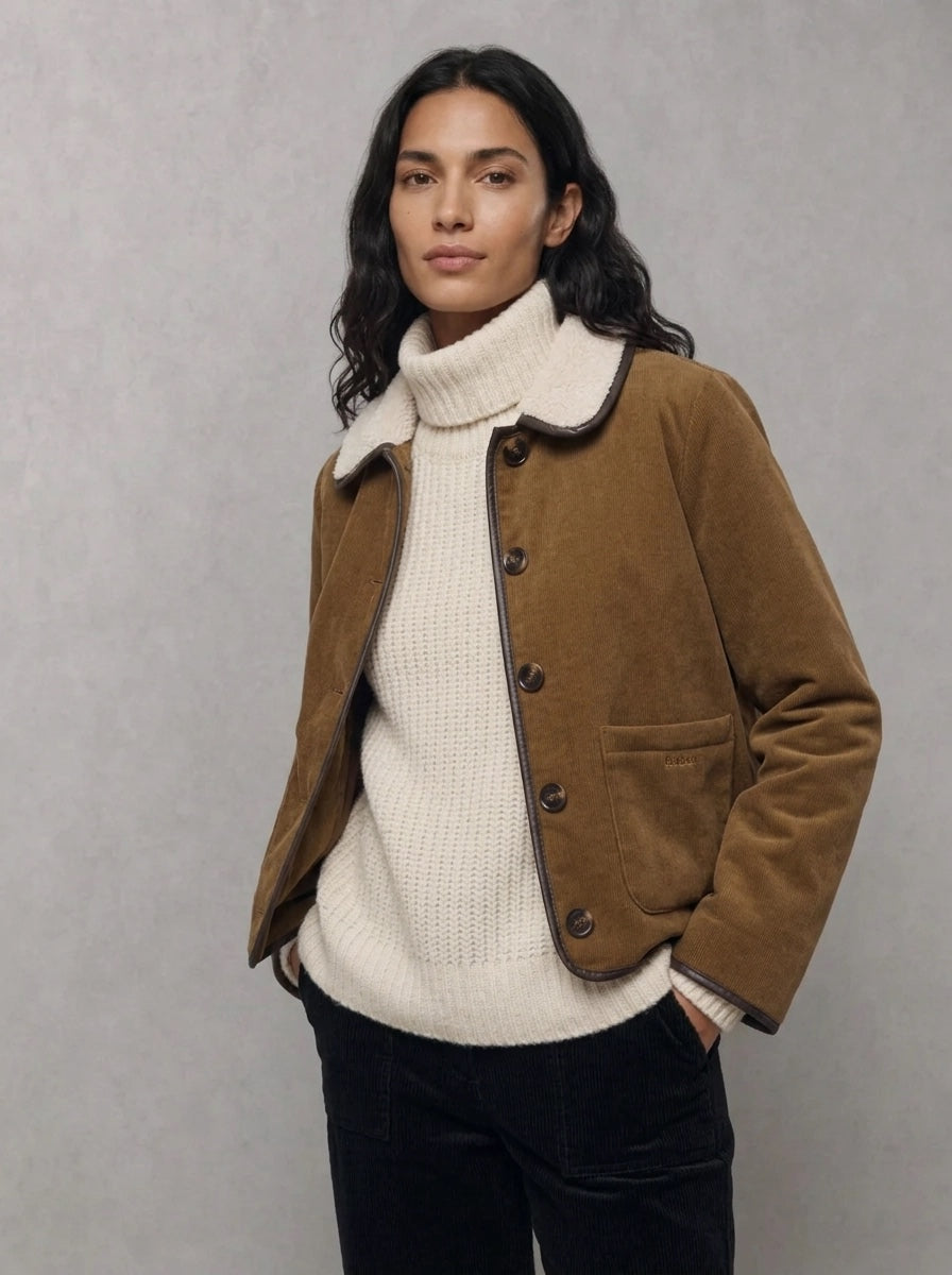 Barbour Woman Penny Fleece Tan/Ecru porté trois-quarts