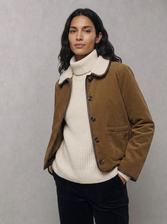 Barbour Woman Penny Fleece Tan/Ecru porté trois-quarts