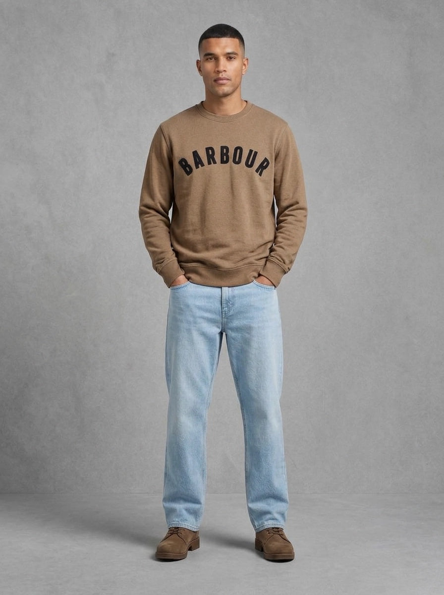 Barbour Prep Logo Crew Neck porté dos, Sandstone
