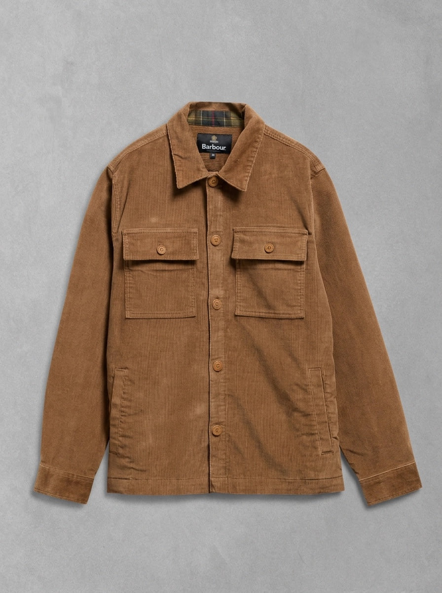Barbour Tartan Trimmed Cord Overshirt à plat, Sandstone