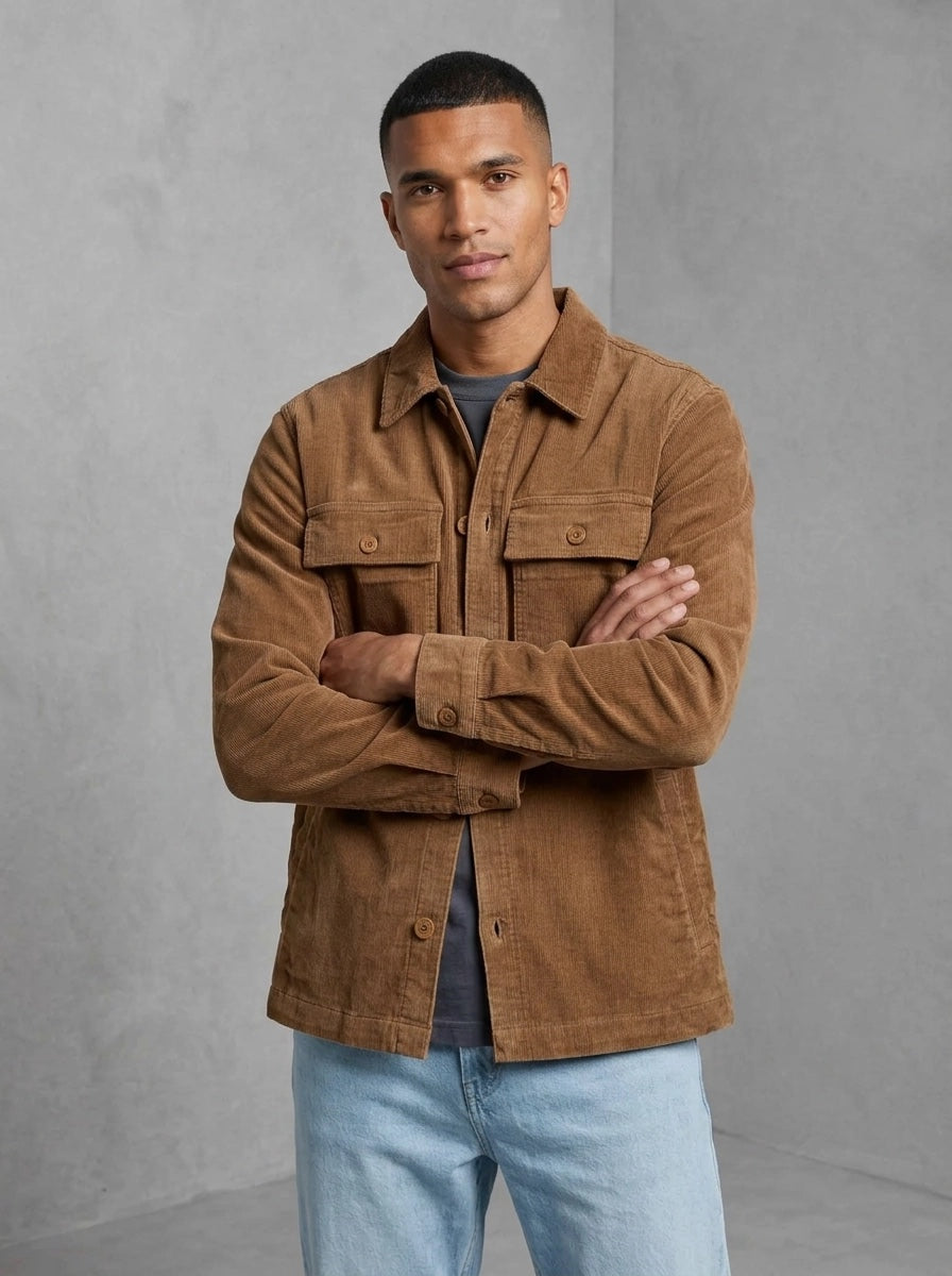 Barbour Tartan Trimmed Cord Overshirt porté, Sandstone