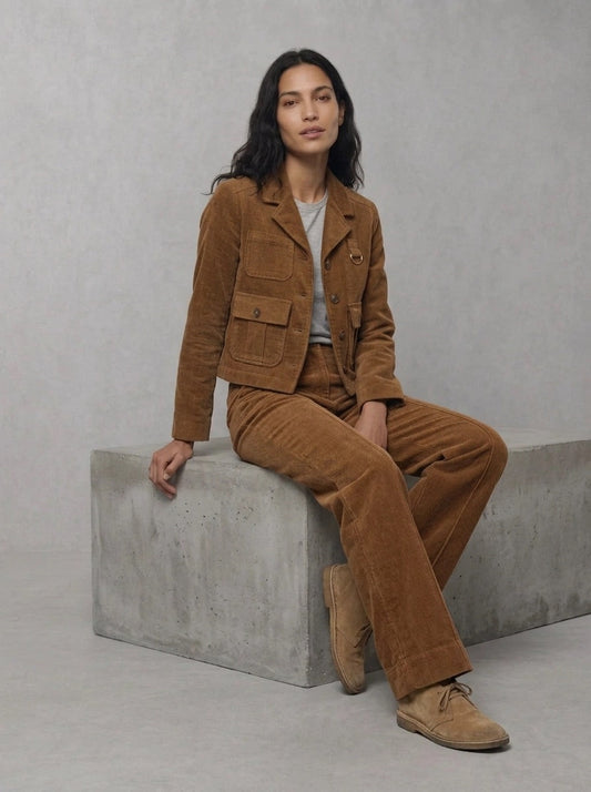 Barbour Woman Emmy Trousers porté assise, Tan