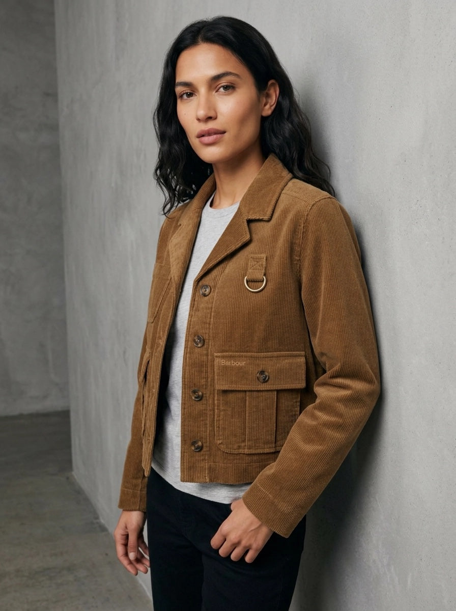 Barbour Woman Emmy Casual Jacket portée, Tan/Shadow Classic
