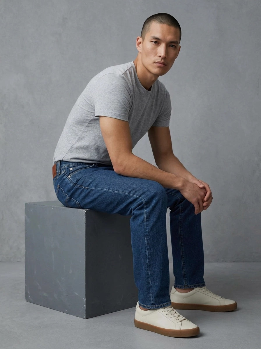 Edwin Regular Tapered Jeans porté assis, Blue Easy Wash