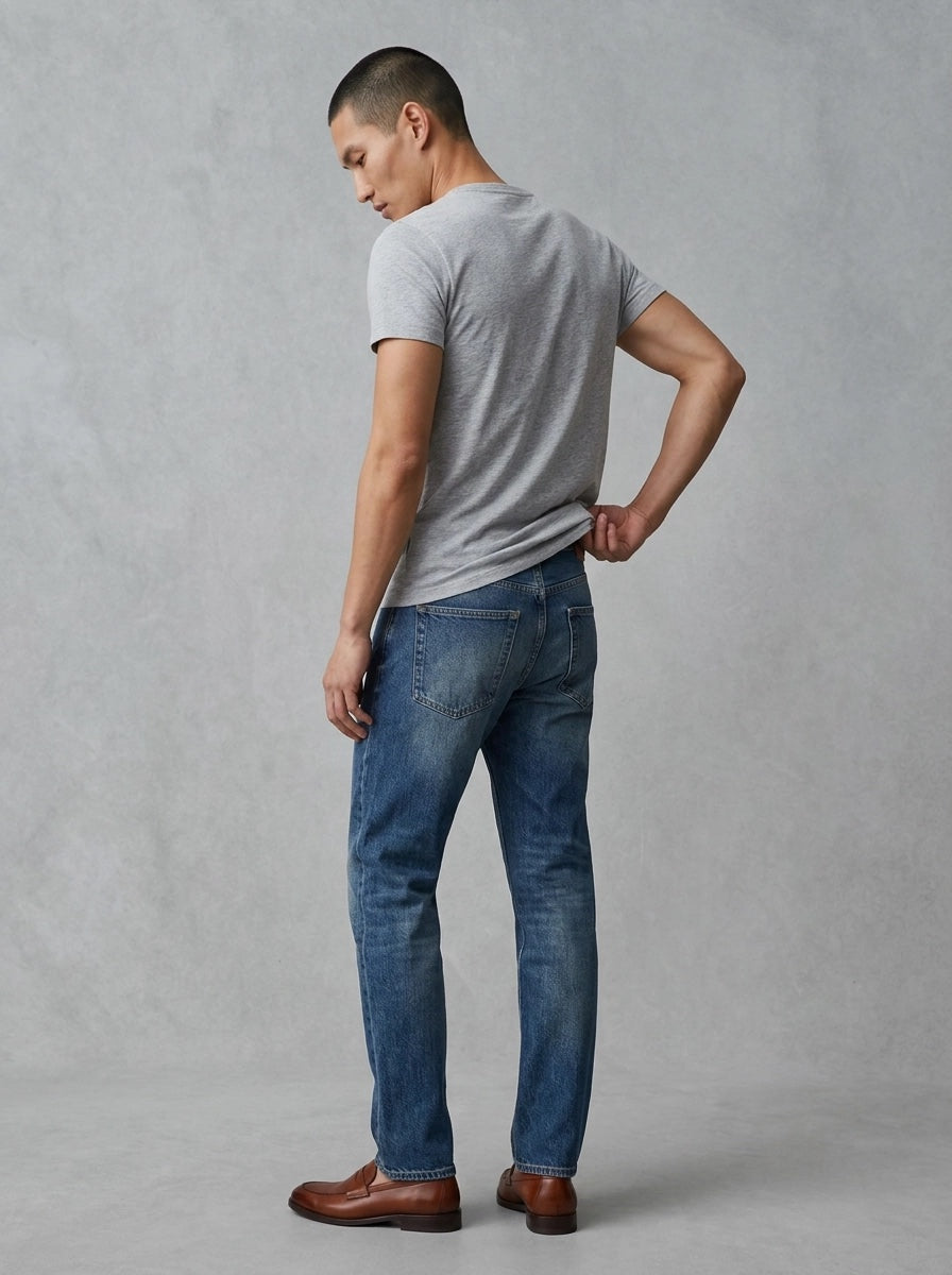 Edwin Cosmos Pant porté assis, Blue Plaza Wash