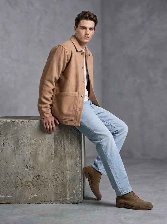 Wooden Travail Jacket portée assis, Cammello