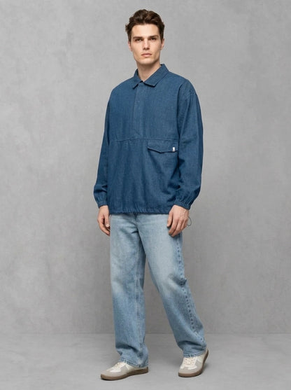 Wooden Ohio Overshirt porté face, Blue Denim