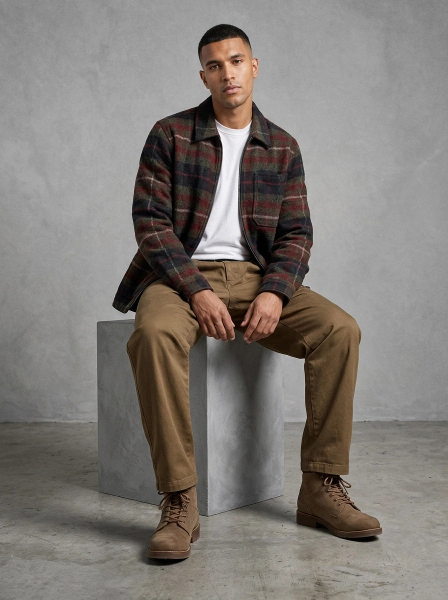 Barbour Yorklane Twill Trouser porté assis, Dark Sand