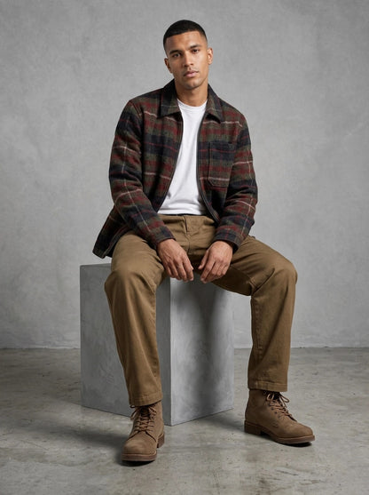 Barbour Yorklane Twill Trouser porté assis, Dark Sand